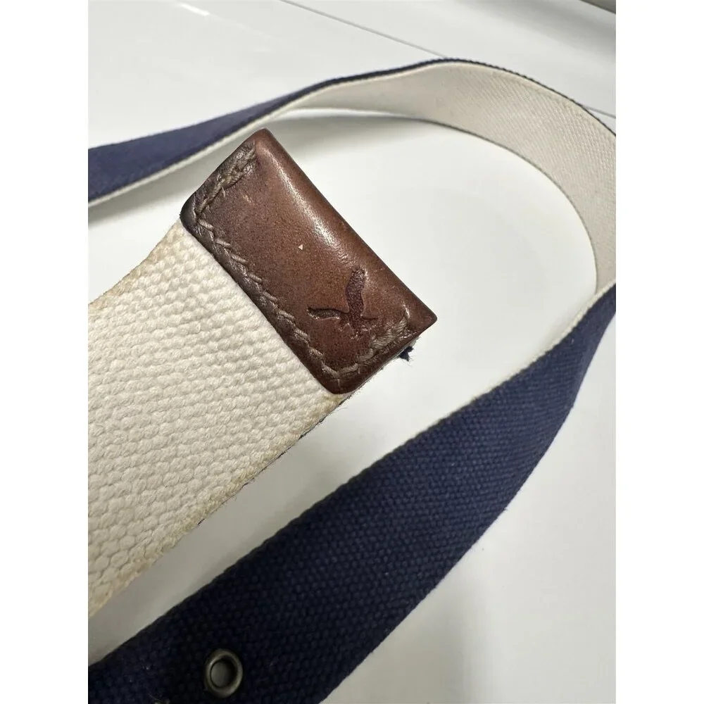 American Eagle Web Canvas Mens Belt Reversible Metal Buckle Blue White Logo